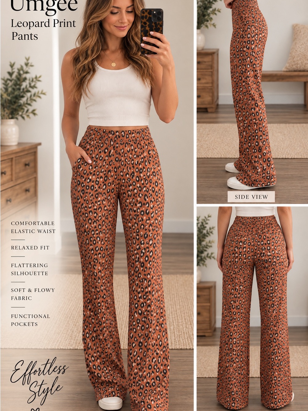Umgee Leopard Print Wide Leg Pants Elastic Waist Boho NWT sz M